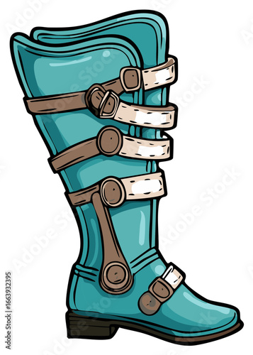 Illustration of a Turquoise Tall Boot with Brown and Tan Straps and Buckles