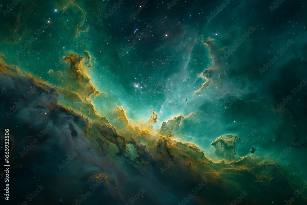 Fototapeta premium Green and Yellow Nebula in Dark Space