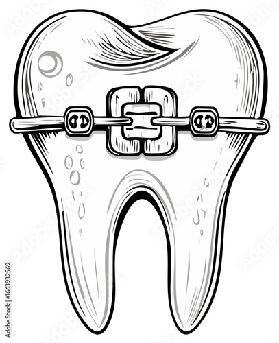 Tooth with Dental Braces and Wire Orthodontic Correction Symbol