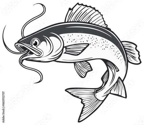 Stylized illustration of a catfish with detailed lines and fins, swimming, monochrome design.