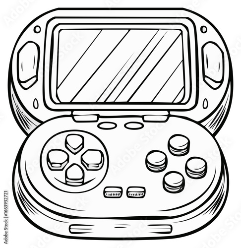 Outline illustration of a retro handheld video game console with a clamshell design and controller buttons