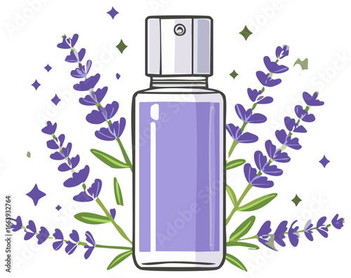Lavender Fragrance Bottle with Lavender Sprigs Aromatherapy Illustration on White