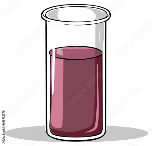 Scientific glassware contains deep red liquid, a laboratory beaker with a purple chemical compound