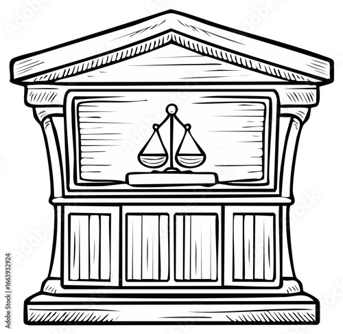 Classical courthouse facade or judge bench with scales of justice symbol line art