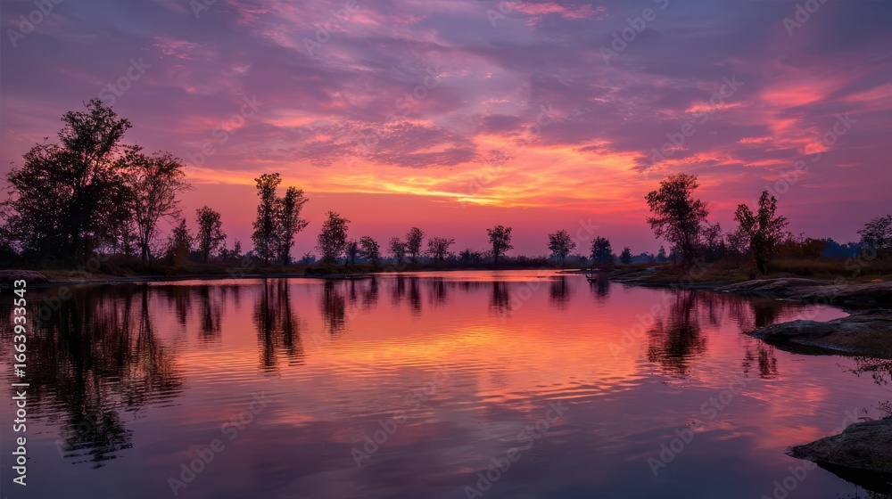 Obraz premium Serene Sunset Reflection on Calm Lake