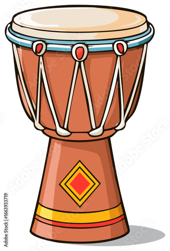 Illustration of a Hand Drum with Ethnic Design Elements, Musical Instrument for Rhythms, Vector Graphics
