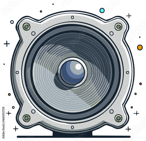 Stylized illustration of a round audio speaker with a central cone and surrounding elements