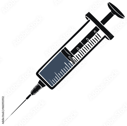 Syringe vector icon illustration, vaccination shot with blue liquid dose in hypodermic needle.