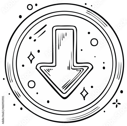 Hand drawn down arrow icon inside a sparkling coin or token illustration