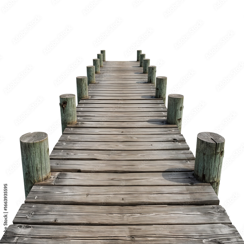 Fototapeta premium Wooden pier vanishing into darkness showcasing perspective and weathered texture