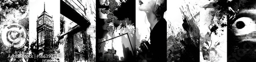 Black and White Grunge Collage, Urban Architecture, Abstract Splatter and Figure Art for Editorial Layouts