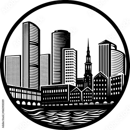Monochrome cityscape silhouette with skyscrapers and water within a circular border design art