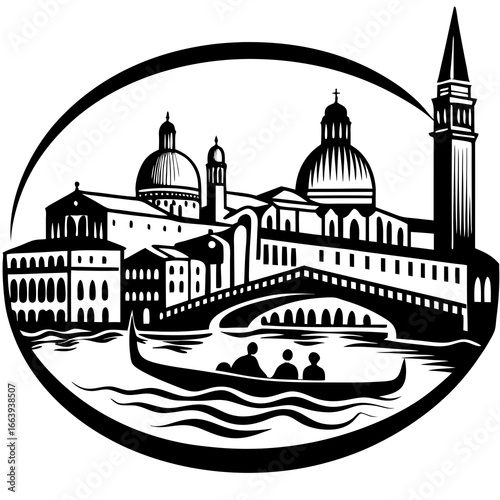 Black and white silhouette of venice cityscape with gondola in oval frame detailed illustration