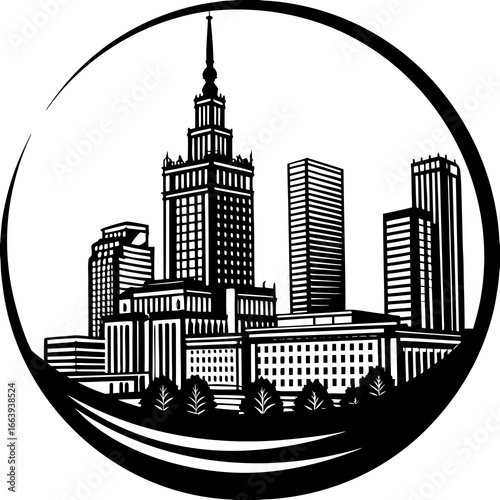 Black and white cityscape silhouette featuring tall buildings and trees enclosed in a circular frame design