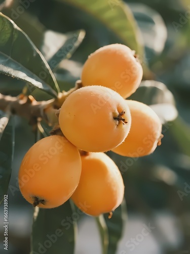 Cluster of ripe loquats hanging on a tree branch
