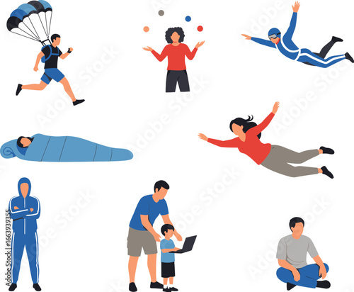 Collection of diverse people engaged in various recreational activities and professions showcasing active lifestyles and adventurous pursuits