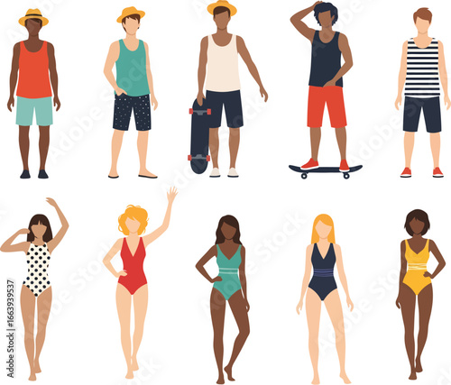 Diverse group of men and women in summer beachwear and casual clothing posing happily against a white background