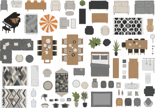 Top down view of diverse interior design elements and furniture arrangements for modern home decor and architectural planning