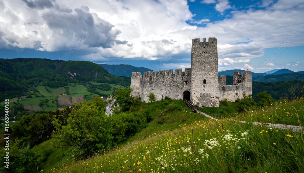 Fototapeta premium A weathered stone castle stands watch over a valley of lush green hills under a dramatic sky.