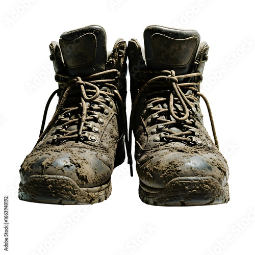 A front view of a well-worn pair of sturdy hiking boots, thoroughly caked in dried mud and dirt, standing on a clean white background, symbolizing adventure and rugged outdoor exploration