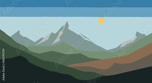 A digital painting depicts a breathtaking panoramic view of a majestic mountain range. Snow-capped peaks pierce a clear blue sky, while a sun shines brightly.