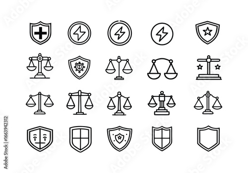 Law and Justice Icon Set, Scale, Shield, and Legal Balance Line Art Collection