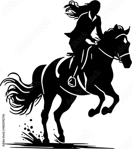 Black and white vector silhouette of a woman riding a galloping horse with flowing hair and dynamic movement, isolated on white background
