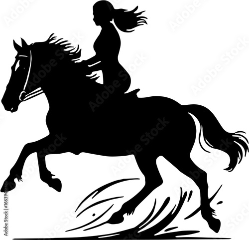 Black and white vector silhouette of a woman riding a galloping horse with flowing hair and dynamic movement, isolated on white background