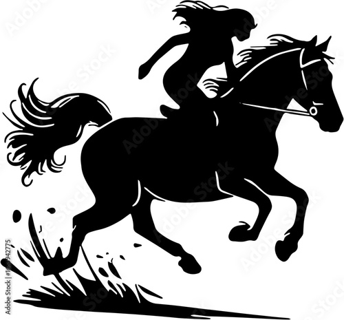 Black and white vector silhouette of a woman riding a galloping horse with flowing hair and dynamic movement, isolated on white background