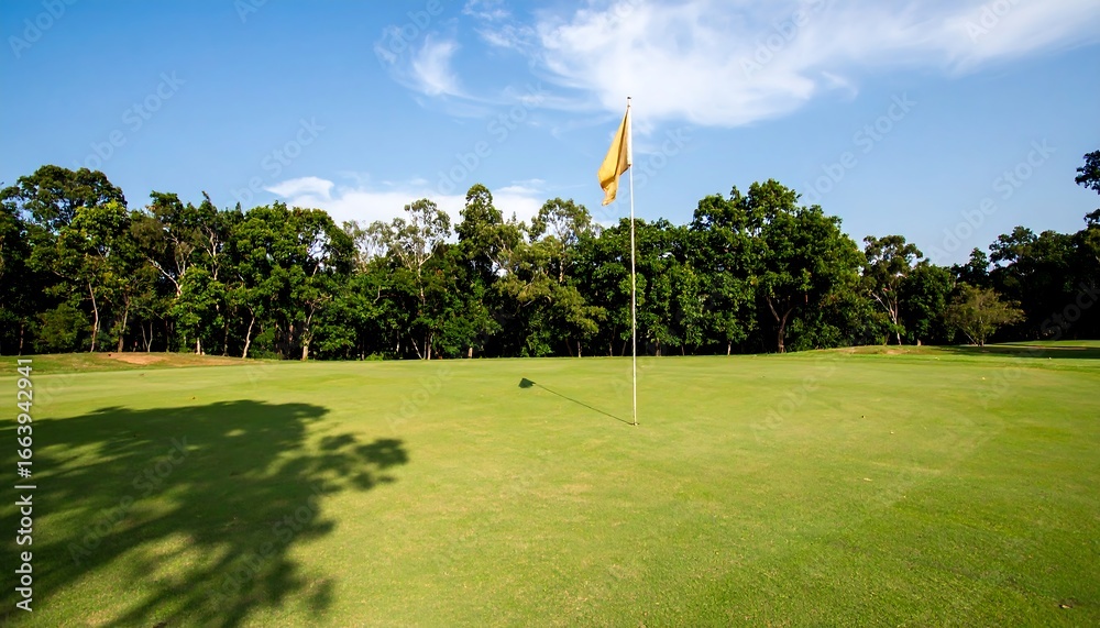 Obraz premium A vibrant golf course fairway stretches towards a backdrop of lush green trees under a clear blue sky.