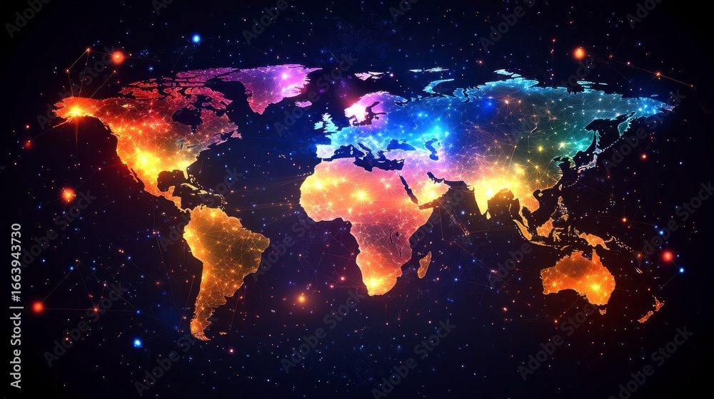 Naklejka premium Colorful Cosmic World Map with Stars and Bright Galaxies