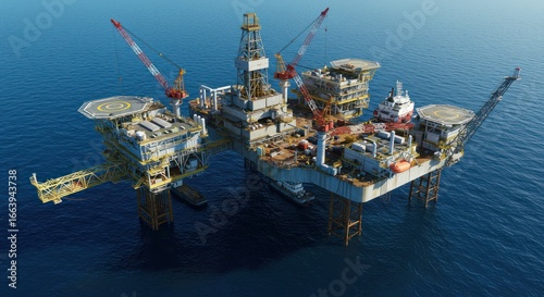 Offshore Oil Platform in Blue Ocean with Crane and Helipad