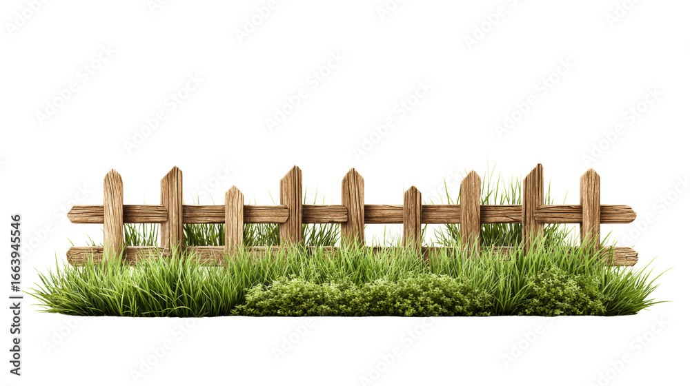 Obraz premium Wooden fence with grass elements, white isolate background.