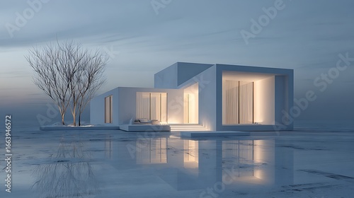 Modern minimalist home with warm interior lights and serene water reflection at dusk