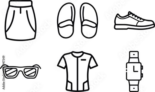 Fashion icons including skirt shoes t-shirt sunglasses and watch