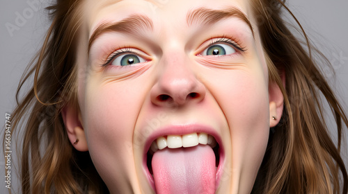 A playful individual showcases a ridiculously exaggerated facial expression, crossed eyes, and a tongue-out pose,