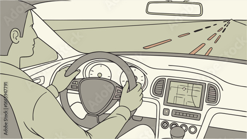 Person driving a car on a road with navigation system guiding the way