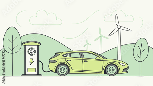 Electric car charging at charging station with windmills in background, eco friendly transport