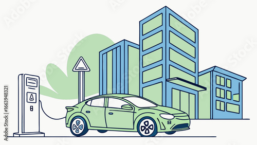 Green electric car charging in a modern city with sustainable buildings