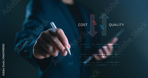 Businessman using stylus to select checklist with cost reduction and quality improvement icons. Concept of business strategy, cost efficiency and quality control.