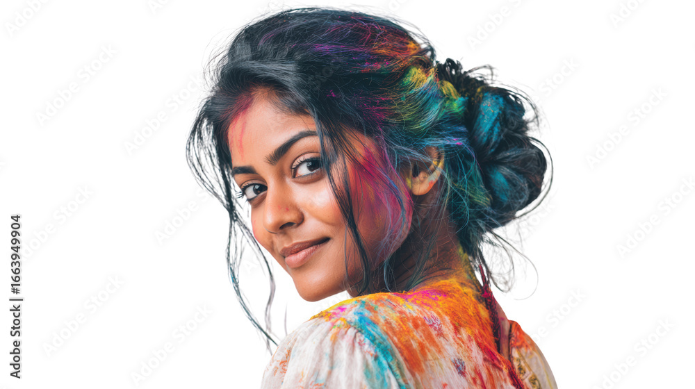 © CStock - A vibrant portrait of a woman with colorful hair and a joyful expression on a white isolated background.