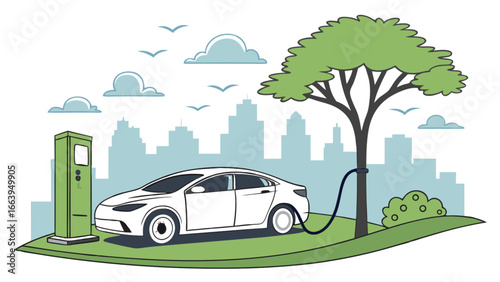 Electric car charging in a green city with tree and charging station