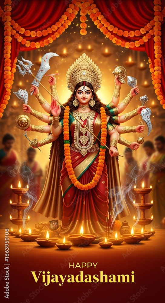 Fototapeta premium Goddess durga in her divine form illuminated by diyas during vijayadashami celebrations