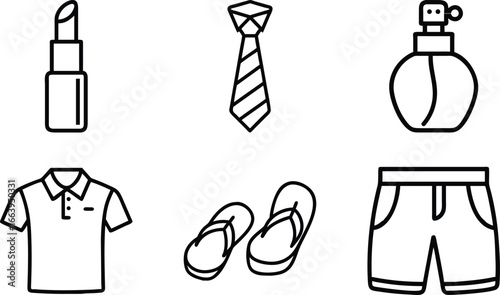 Fashion and clothing icons lipstick tie perfume polo shirt flip flops shorts