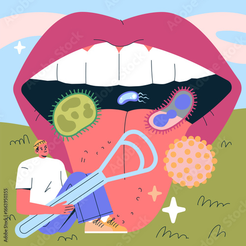 Cartoon Illustration of Tongue with Bacteria and Tongue Cleaner