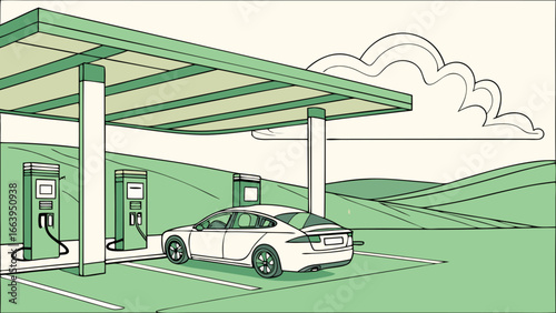 Electric car charging station in a scenic landscape with charging pillars
