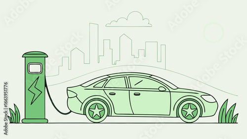 Electric car charging at a charging station with city skyline in the background