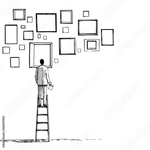 Illustration of man on ladder painting frames on wall art gallery concept drawing sketch design idea 100 chars