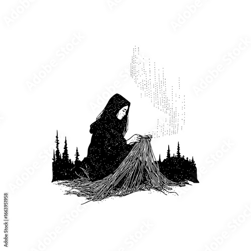 Hooded figure knitting in forest under aurora borealis illustration vector design art drawing image