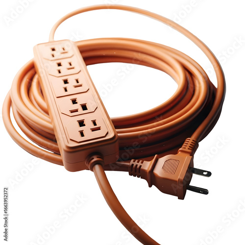 Versatile orange electrical extension cord featuring a power strip with multiple outlets, neatly coiled and isolated on a white background for easy use